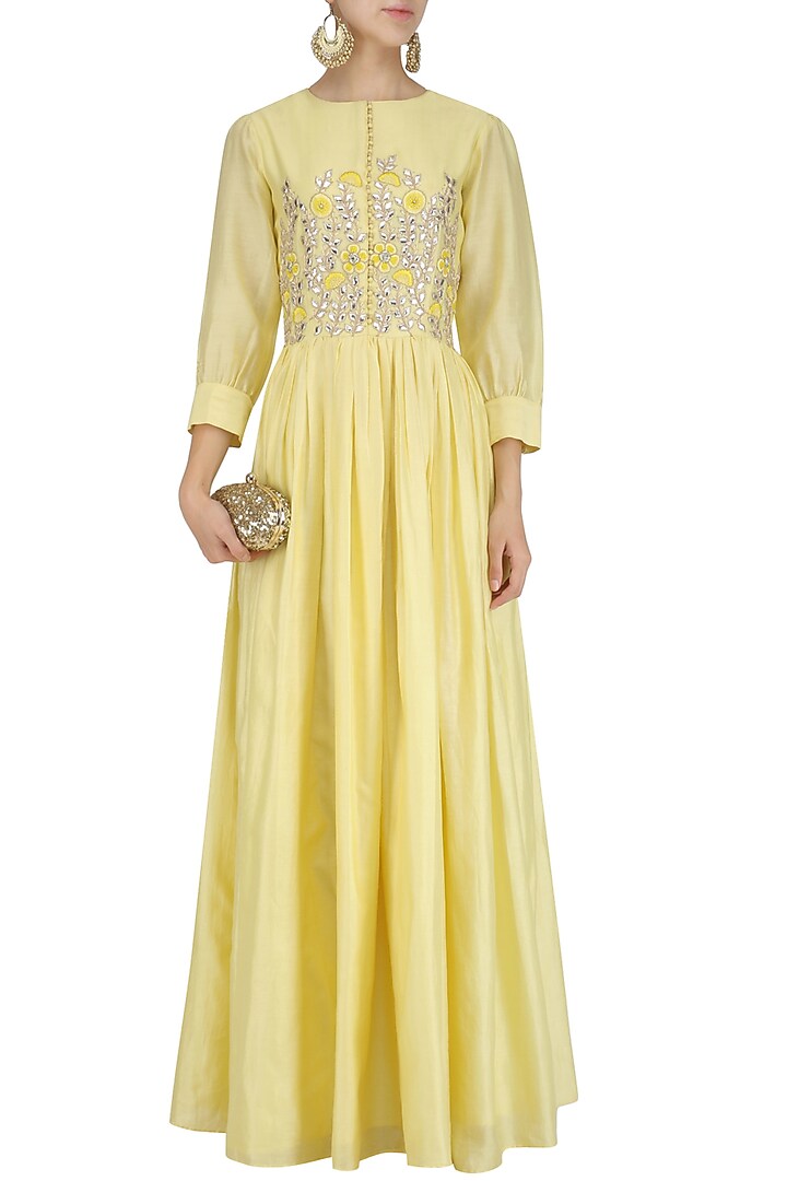 Yellow gota patti and thread work gathered anarkali available only at Pernia's Pop Up Shop.