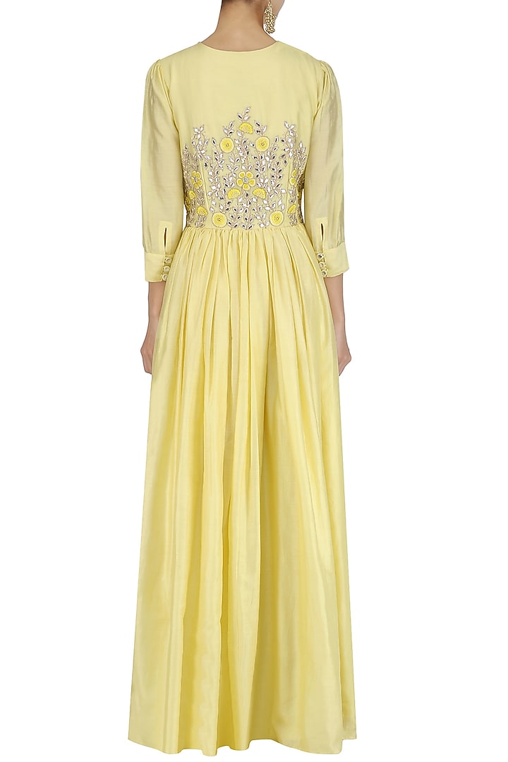 Yellow gota patti and thread work gathered anarkali available only at Pernia's Pop Up Shop.