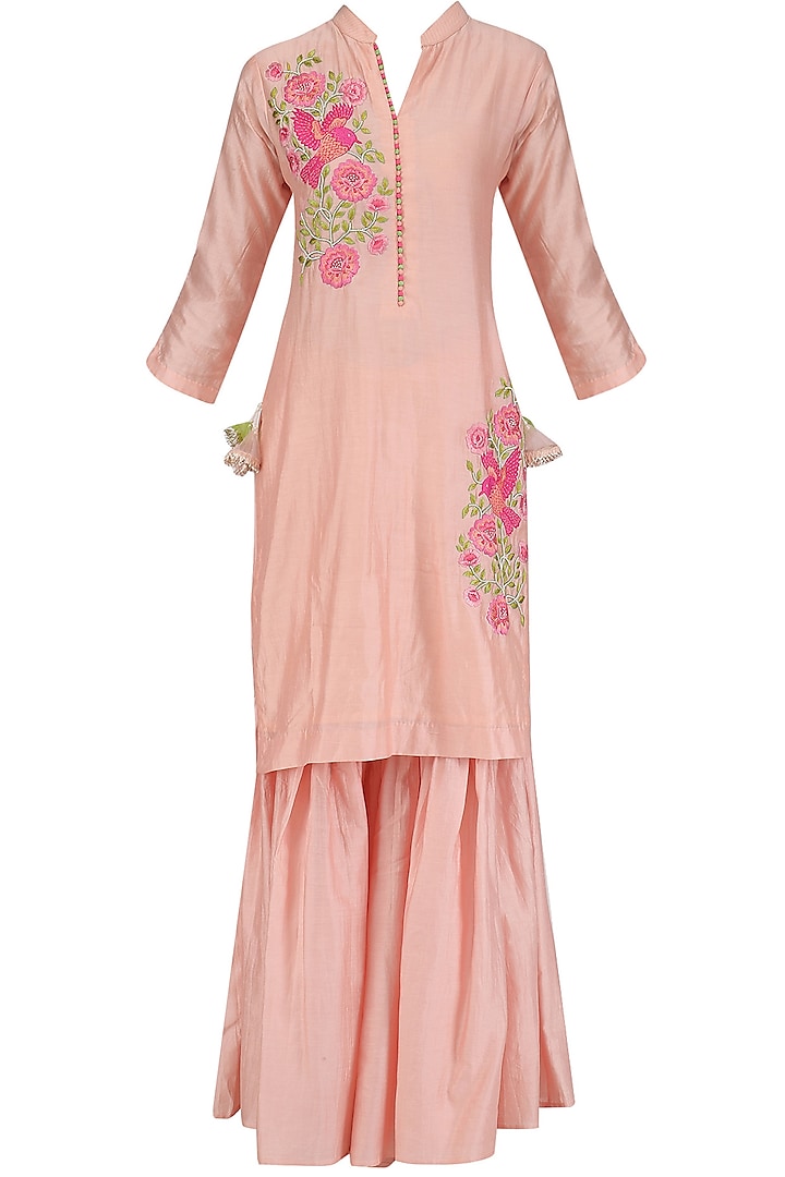 Pink Bird Motif Embroidered Kurta and Gharara Set by Surabhi Arya