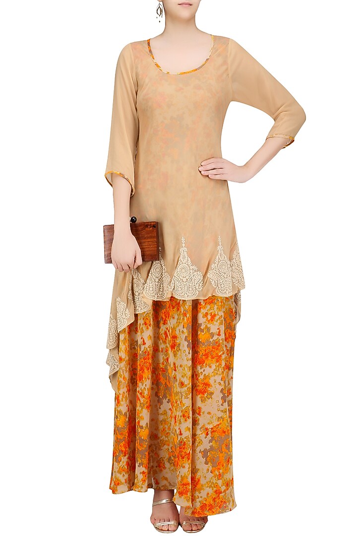 Beige dori embroidered and printed underlay tunic available only at Pernia's Pop Up Shop.