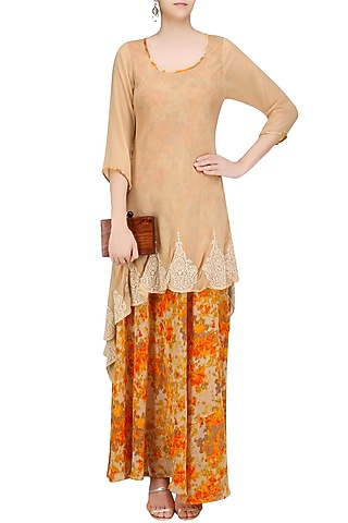 Beige Dori Embroidered and Printed Underlay Tunic by Surabhi Arya