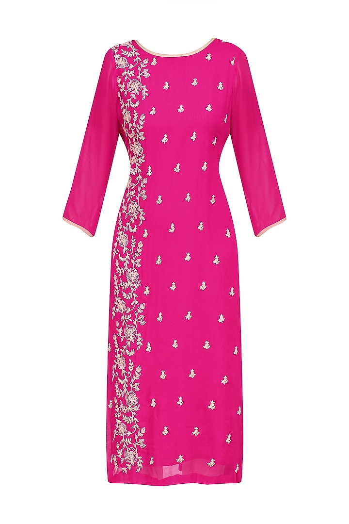 Magenta Pink Floral Embroidered Long Tunic by Surabhi Arya