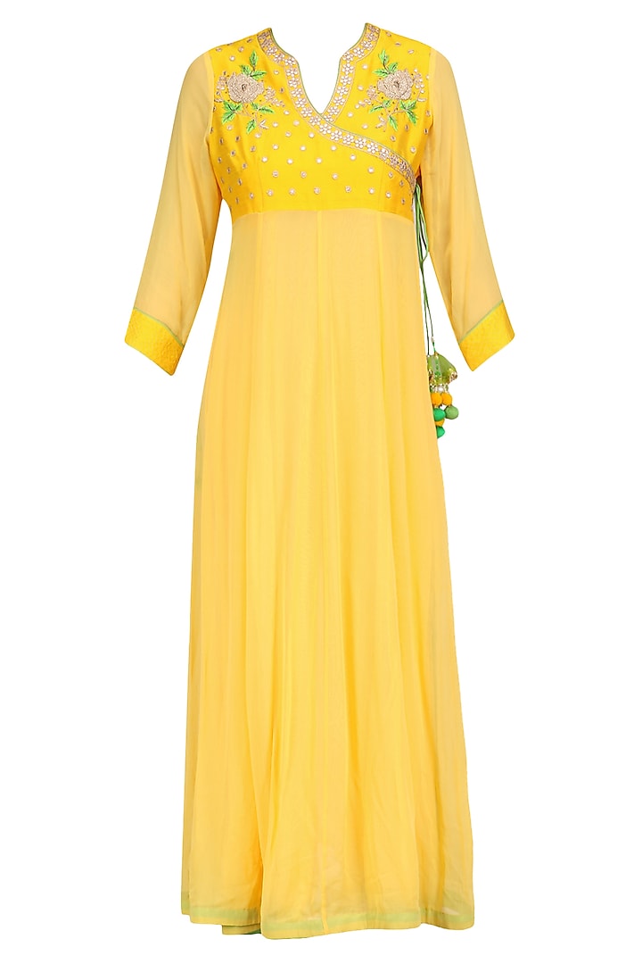 Lemon Yellow Floral Embroidered Angrakha Style Tunic by Surabhi Arya