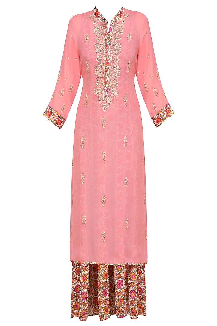 Blush Pink Floral Embroidered Layered Long Tunic by Surabhi Arya