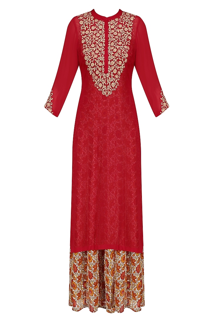 Red Floral Embroidered and Printed Underlay Tunic by Surabhi Arya