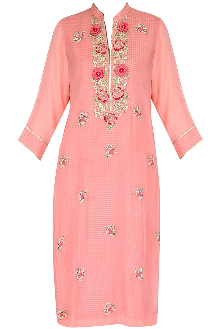 Pink 3D embroidered tunic with butterfly motif bootis by Surabhi Arya