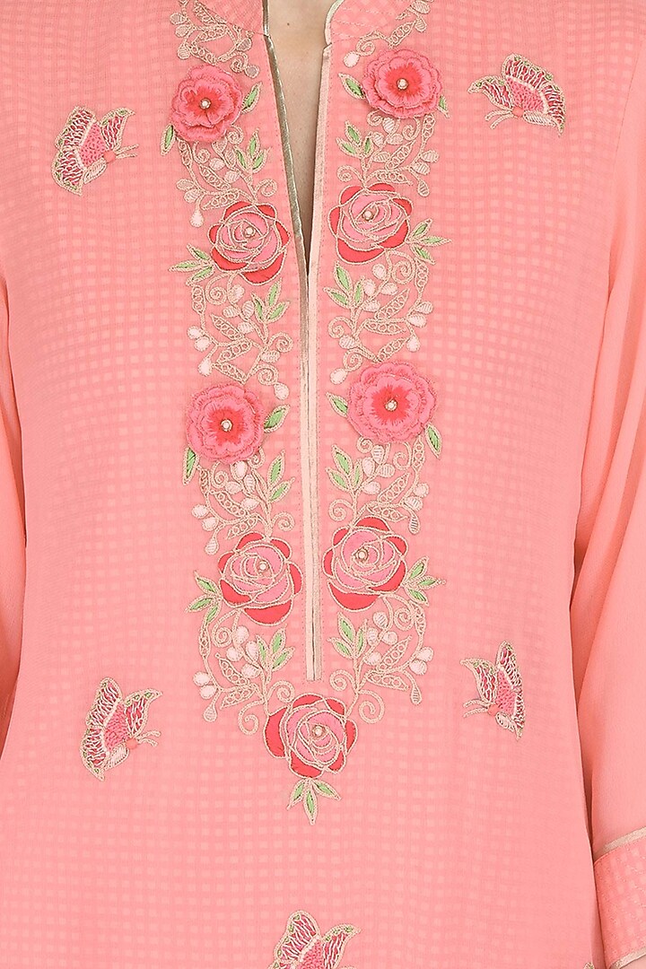 Pink 3D embroidered tunic with butterfly motif bootis available only at Pernia's Pop Up Shop.
