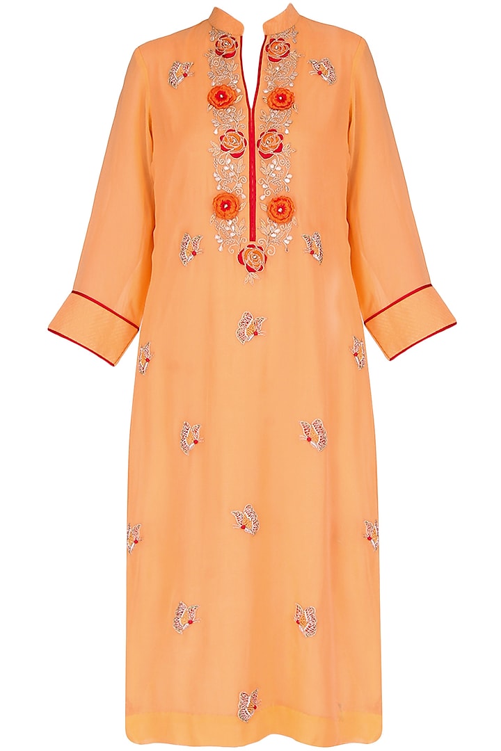 Orange 3D embroidered tunic with butterfly motif bootis by Surabhi Arya