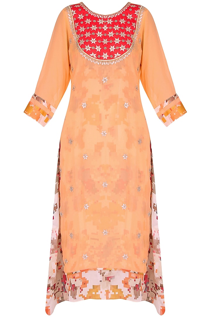 Orange tunic with red gota patti embroidery available only at Pernia's Pop Up Shop.