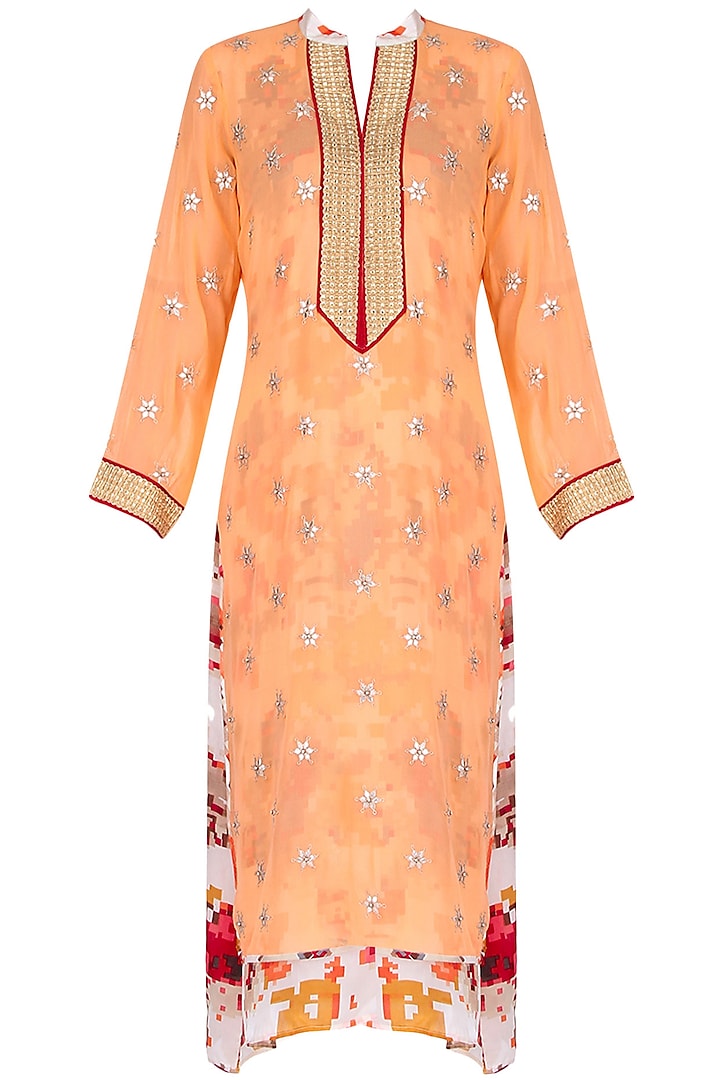 Orange tunic with floral printed underlayer by Surabhi Arya