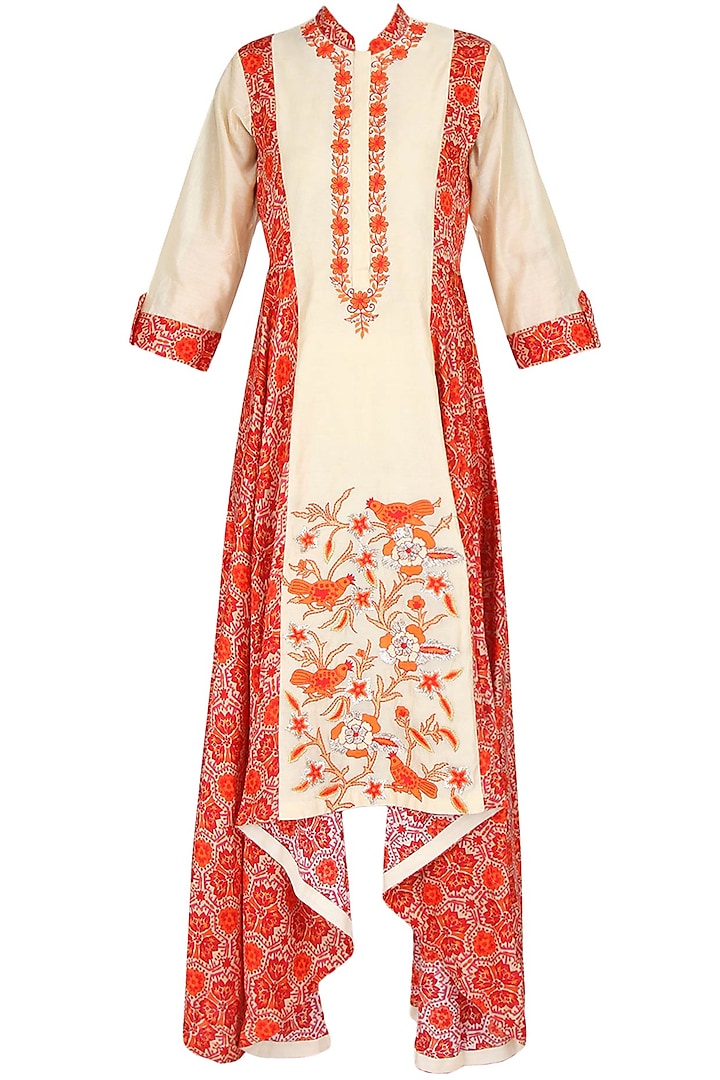 Red and beige asymmetric bird jaal embroidered anarkali by Surabhi Arya