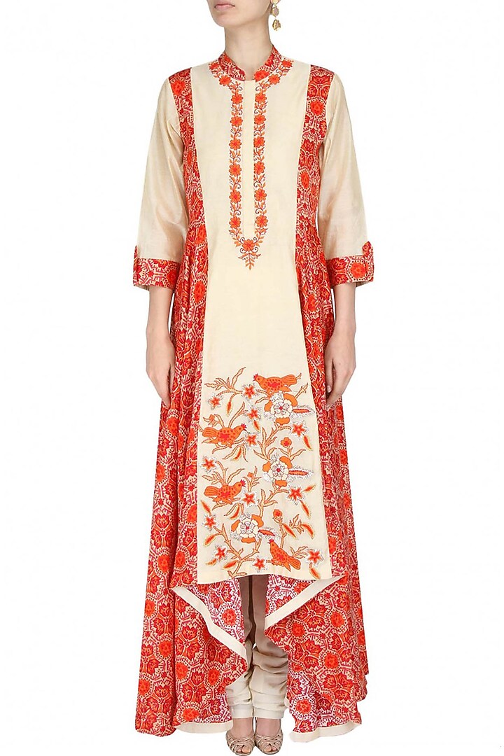 Red and beige asymmetric bird jaal embroidered anarkali available only at Pernia's Pop Up Shop.