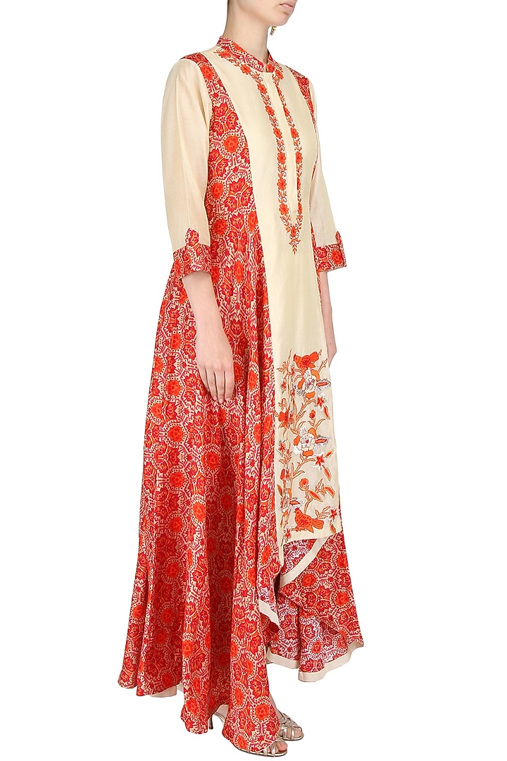 Red and beige asymmetric bird jaal embroidered anarkali available only at Pernia's Pop Up Shop.