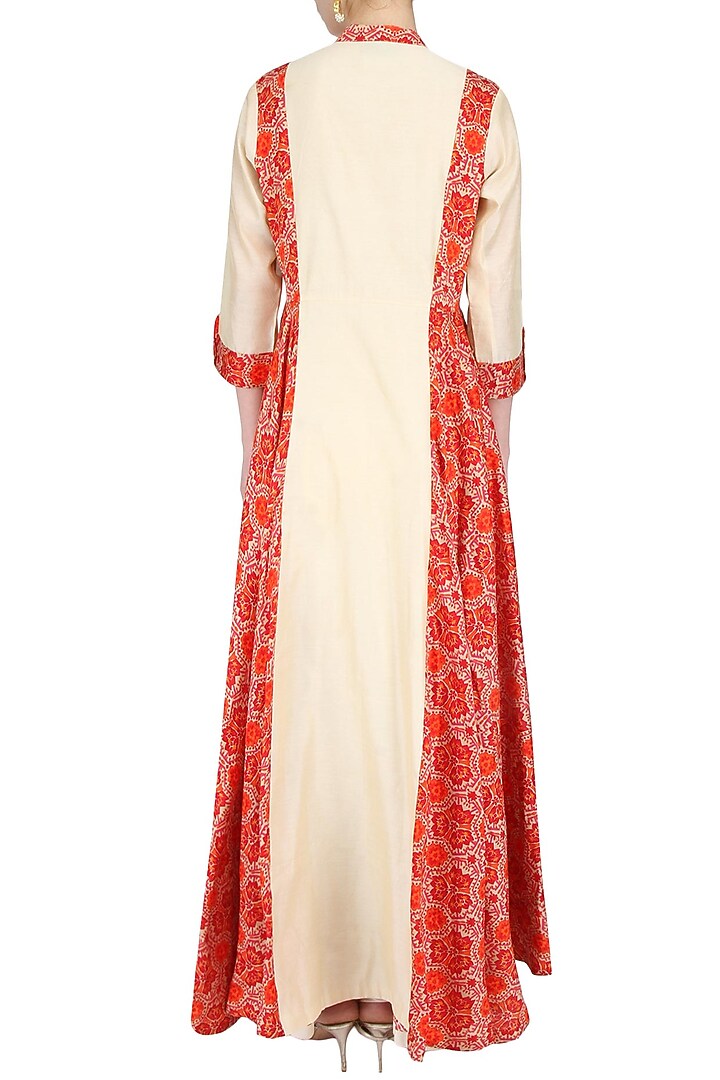 Red and beige asymmetric bird jaal embroidered anarkali available only at Pernia's Pop Up Shop.