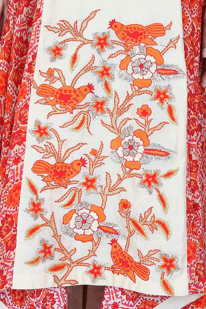 Red and beige asymmetric bird jaal embroidered anarkali available only at Pernia's Pop Up Shop.