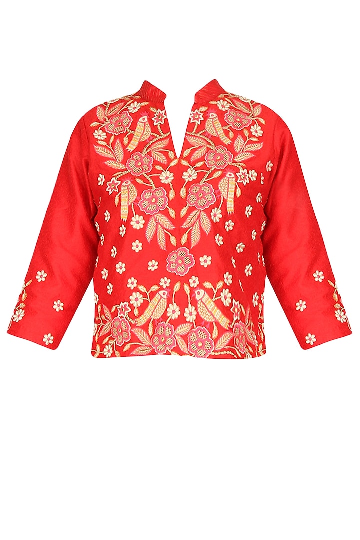 Red floral embroidered dupion silk top by Surabhi Arya