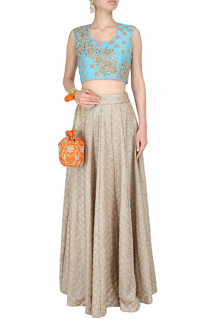 Blue sleeveless blouse with golden floral embroidered motifs available only at Pernia's Pop Up Shop.