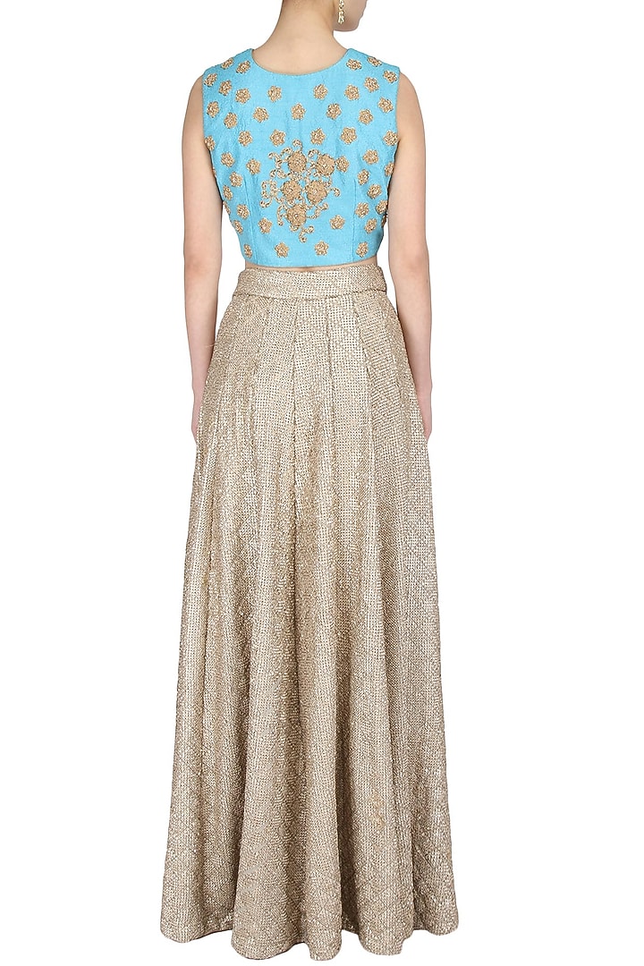 Blue sleeveless blouse with golden floral embroidered motifs available only at Pernia's Pop Up Shop.