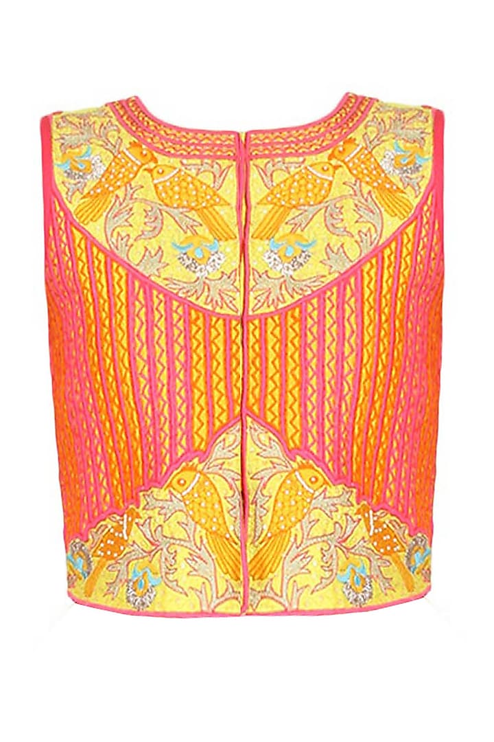 Yellow and pink bird motifs embroidered jacket by Surabhi Arya