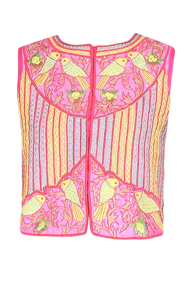 Pink bird motifs zig zag embroidered jacket by Surabhi Arya