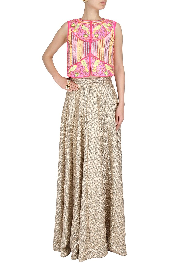 Pink bird motifs zig zag embroidered jacket available only at Pernia's Pop Up Shop.