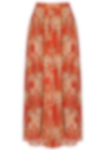 Orange and beige floral printed flared maxi skirt available only at Pernia's Pop Up Shop.
