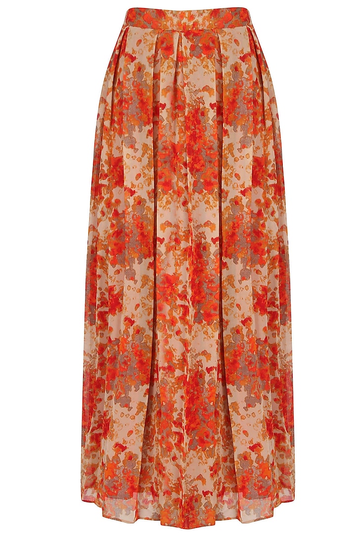 Orange And Beige Floral Printed Flared Maxi Skirt by Surabhi Arya