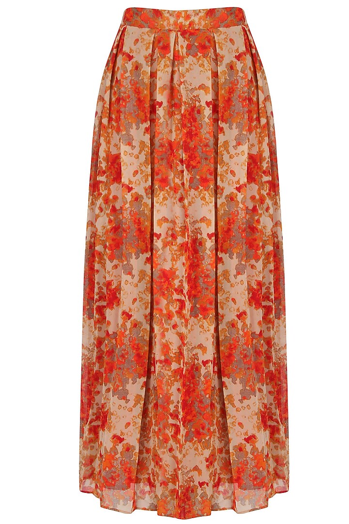 Orange and beige floral printed flared maxi skirt available only at Pernia's Pop Up Shop.