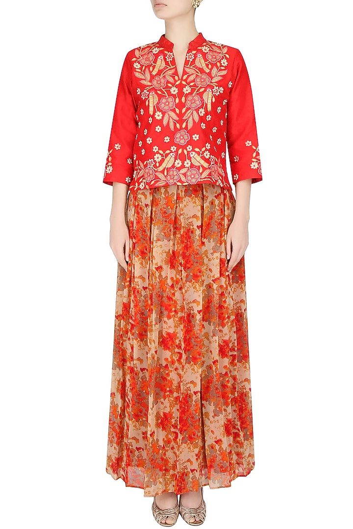 Orange and beige floral printed flared maxi skirt available only at Pernia's Pop Up Shop.