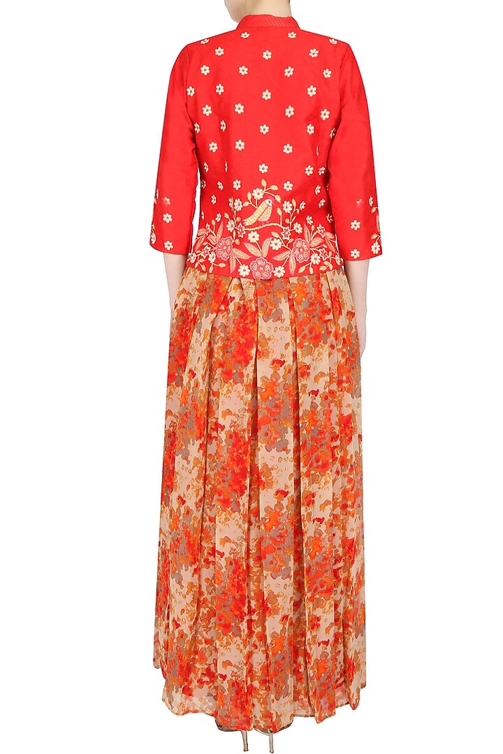 Orange and beige floral printed flared maxi skirt available only at Pernia's Pop Up Shop.