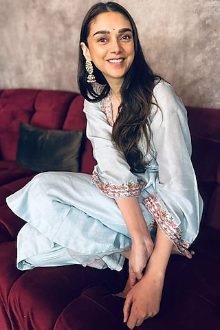 Ice Blue Silk Chanderi Kurta Set by Sureena Chowdhri