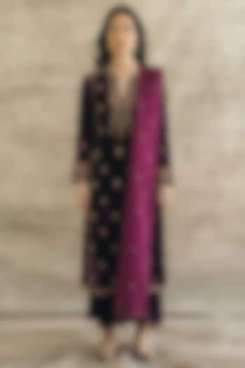 Plum Silk Velvet Embroidered Kurta Set by Sureena Chowdhri