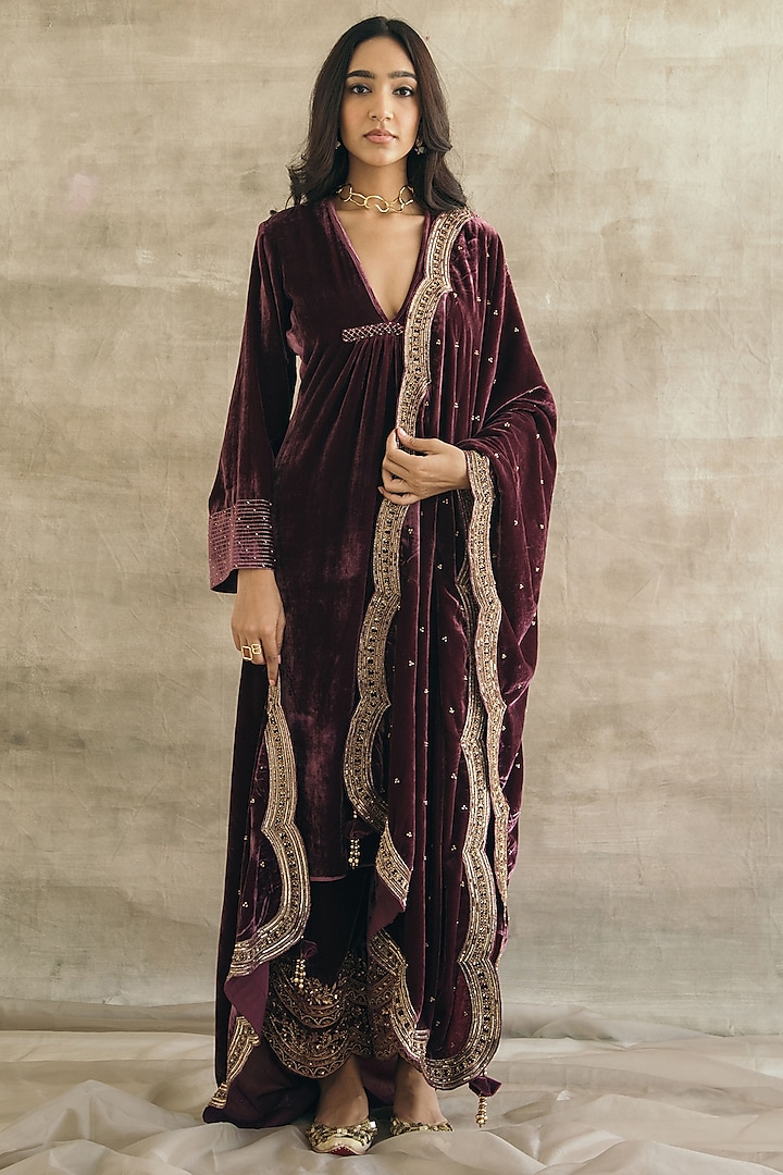 Wine Silk Velvet Asymmetrical Kurta Set by Sureena Chowdhri at Pernia's Pop Up Shop