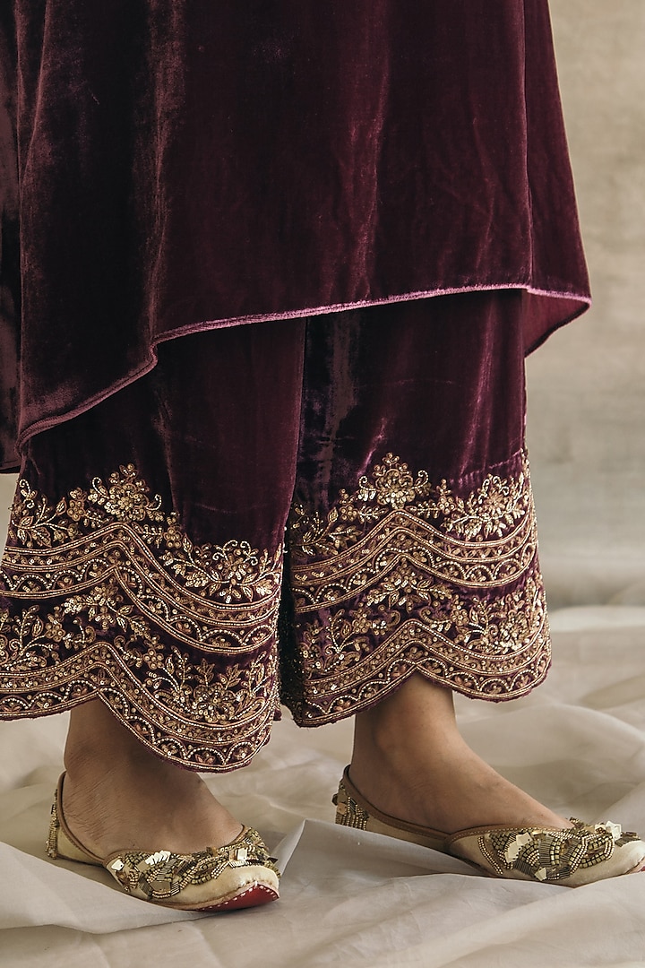 Wine Silk Velvet Asymmetrical Kurta Set by Sureena Chowdhri at Pernia's Pop Up Shop