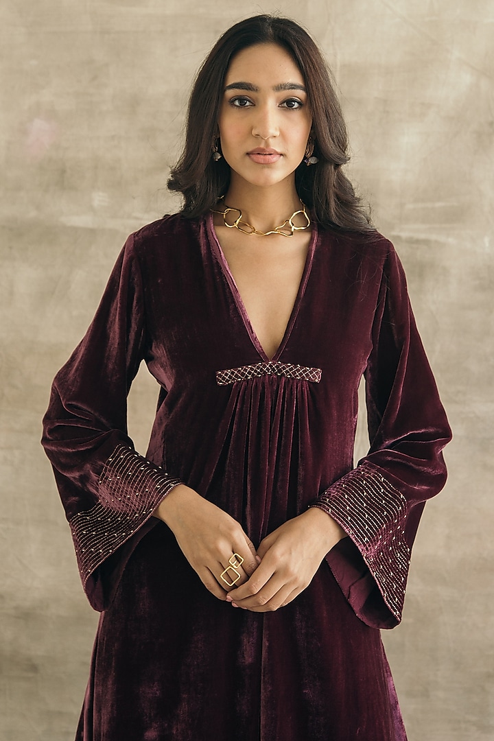 Wine Silk Velvet Asymmetrical Kurta Set by Sureena Chowdhri at Pernia's Pop Up Shop