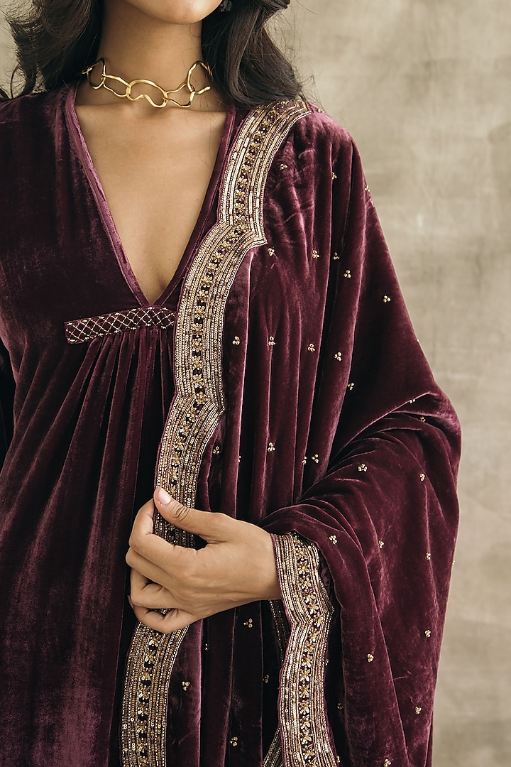Wine Silk Velvet Asymmetrical Kurta Set by Sureena Chowdhri at Pernia's Pop Up Shop