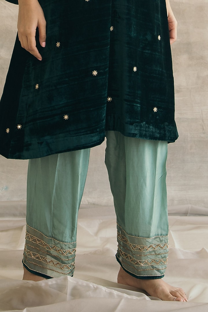 Bottle Green Silk Velvet Embroidered Kurta Set by Sureena Chowdhri at Pernia's Pop Up Shop