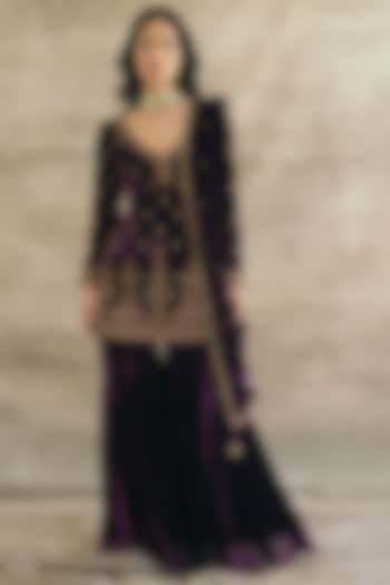 Plum Silk Velvet Gharara Set by Sureena Chowdhri at Pernia's Pop Up Shop