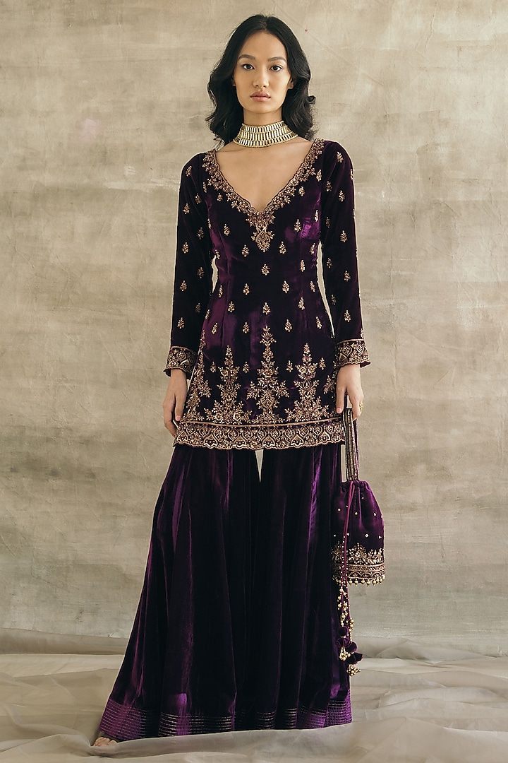 Plum Silk Velvet Gharara Set by Sureena Chowdhri at Pernia's Pop Up Shop