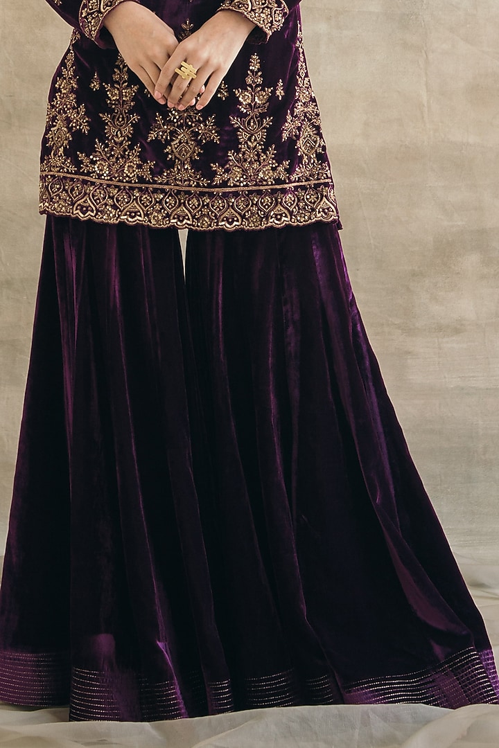 Plum Silk Velvet Gharara Set by Sureena Chowdhri at Pernia's Pop Up Shop