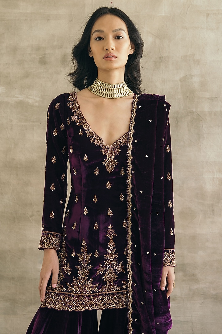 Plum Silk Velvet Gharara Set by Sureena Chowdhri at Pernia's Pop Up Shop