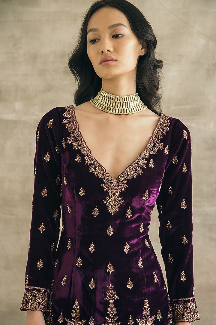 Plum Silk Velvet Gharara Set by Sureena Chowdhri at Pernia's Pop Up Shop