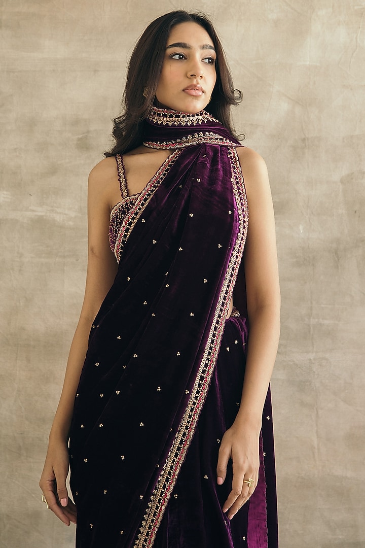 Plum Silk Velvet Embroidered Pre-Stitched Wedding Saree Set by Sureena Chowdhri at Pernia's Pop Up Shop