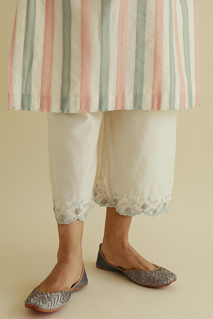 Ivory Silk Chanderi Striped Kurta Set by Sureena Chowdhri at Pernia's Pop Up Shop