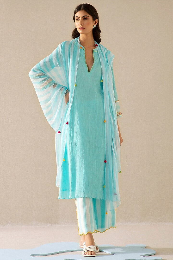 Ice Blue Cotton Gauze Kurta Set by Sureena Chowdhri at Pernia's Pop Up Shop