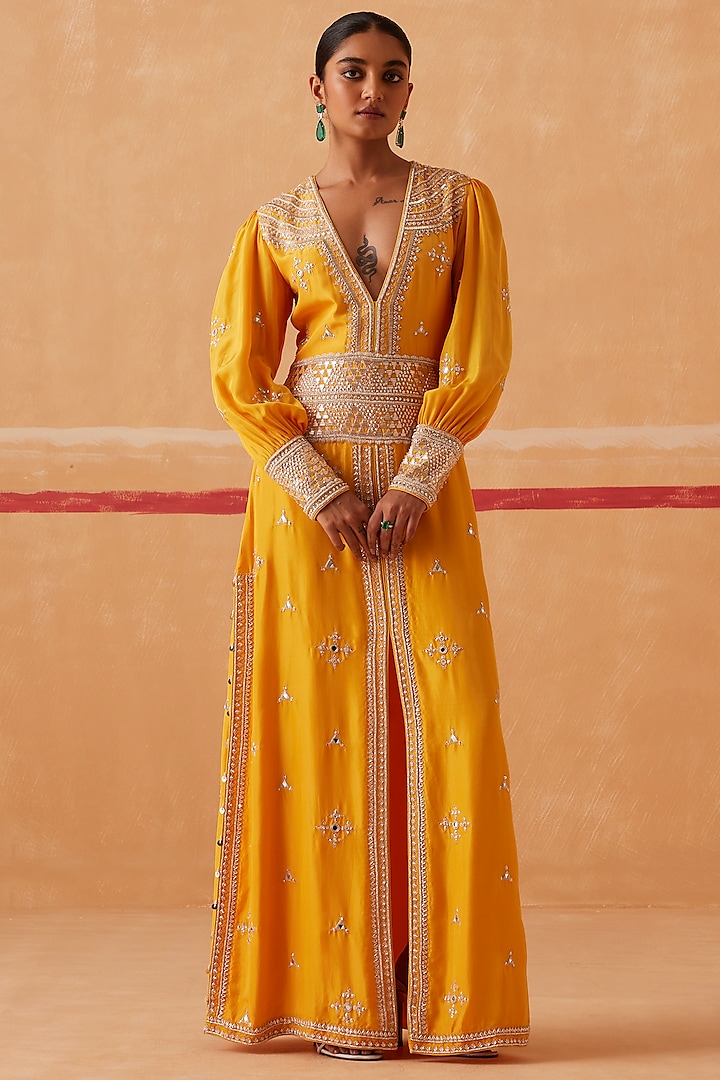 Yellow Habutai Silk Embroidered Kaftan by Sureena Chowdhri at Pernia's Pop Up Shop