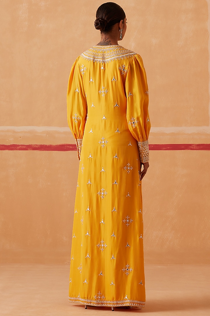 Yellow Habutai Silk Embroidered Kaftan by Sureena Chowdhri at Pernia's Pop Up Shop