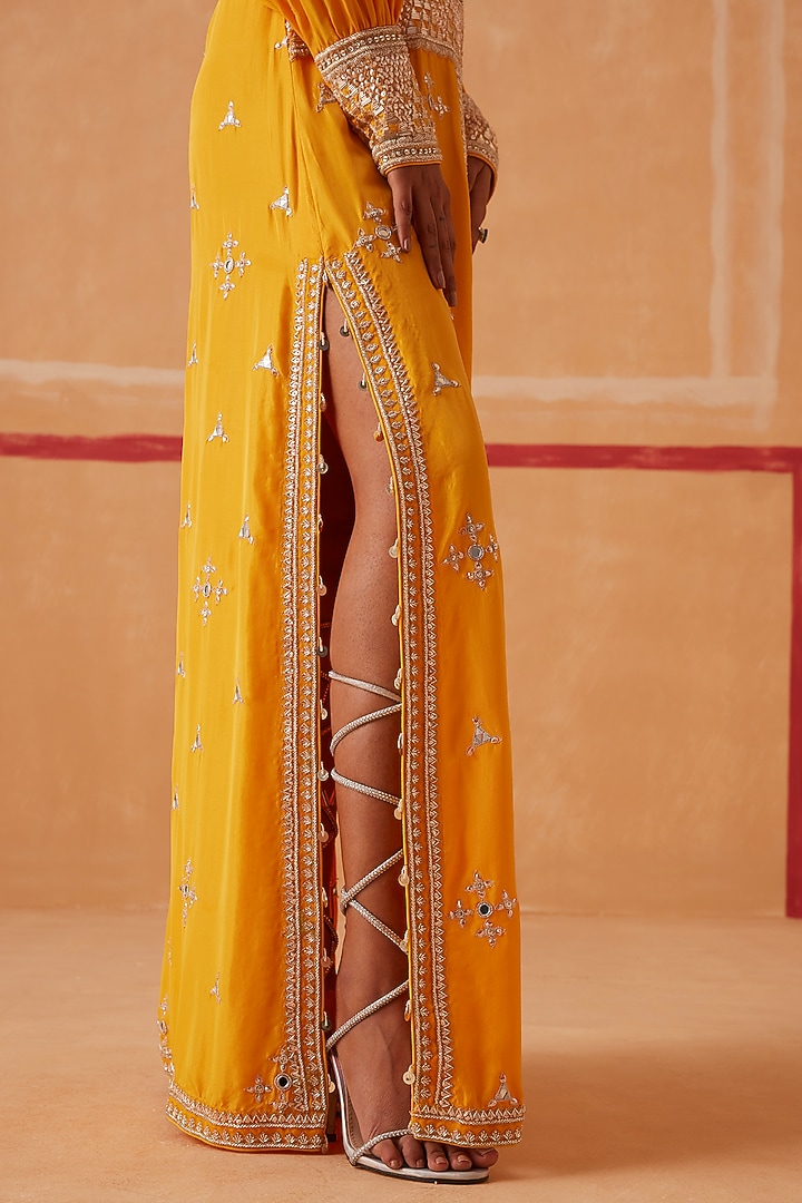 Yellow Habutai Silk Embroidered Kaftan by Sureena Chowdhri at Pernia's Pop Up Shop