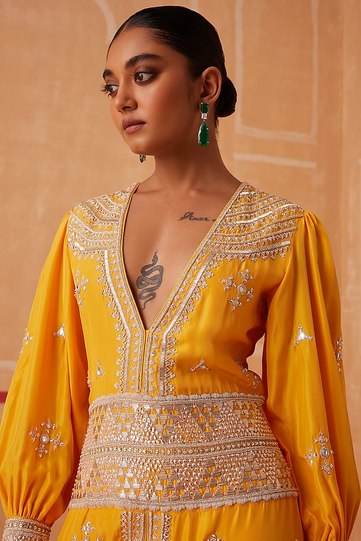 Yellow Habutai Silk Embroidered Kaftan by Sureena Chowdhri at Pernia's Pop Up Shop