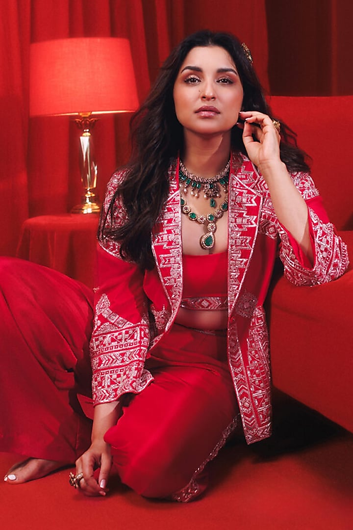 Red Hand Embroidered Jacket Set by Sureena Chowdhri at Pernia's Pop Up Shop